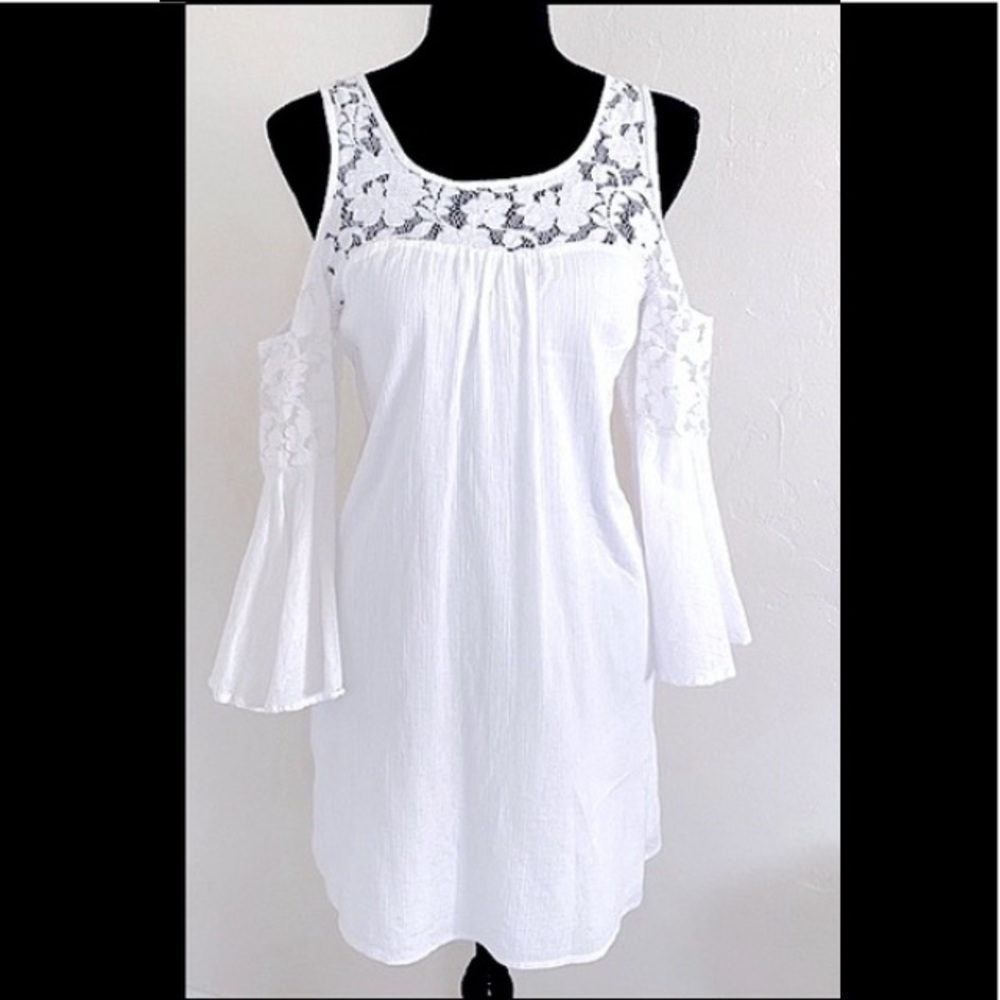 Gorgeous White Cold Shoulder Lacy Floral Summer Linen Dress